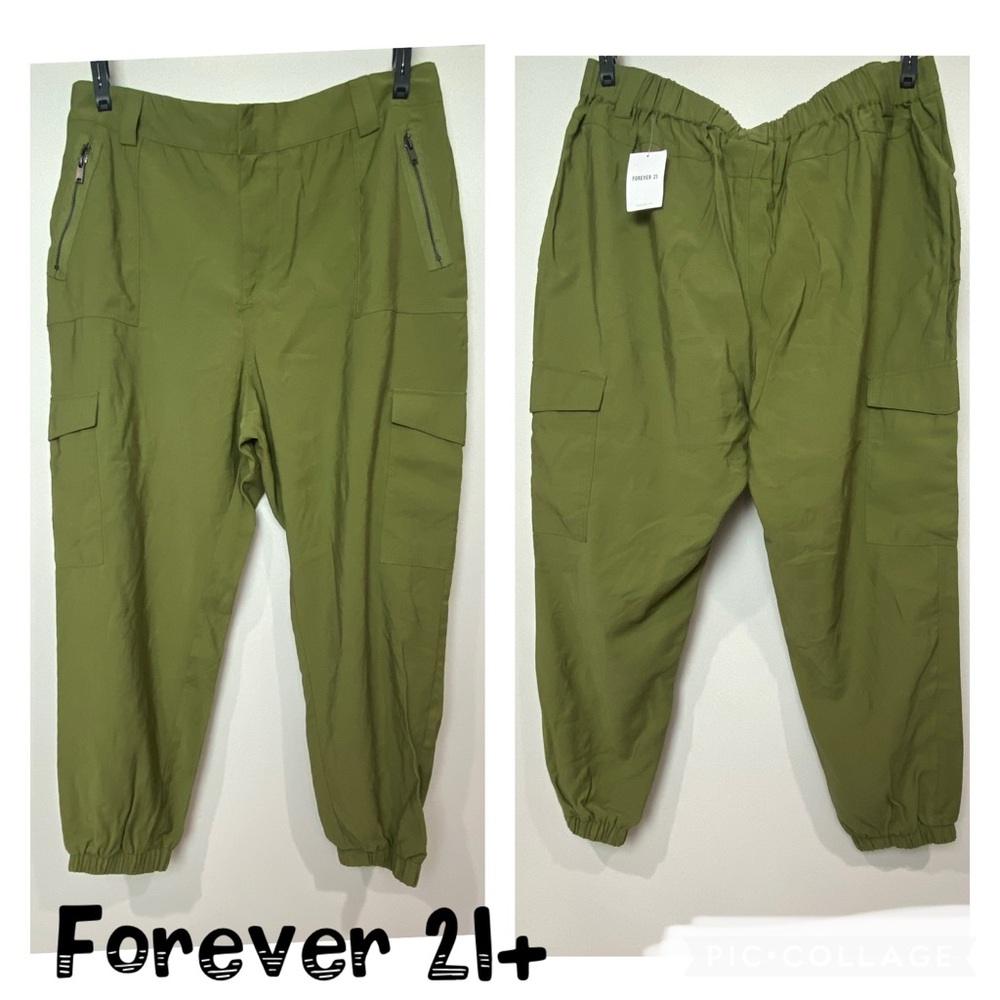 Forever 21+ Women’s Sz 3X olive green jogger pants pockets cuffed ankle cargo